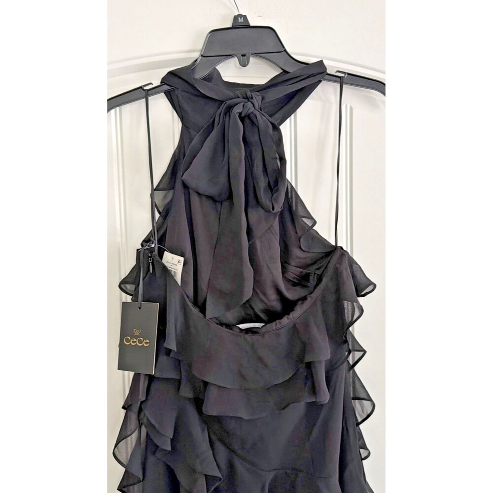 CeCe Women's Chiffon Sleeveless Ruffled Long Halter Dress Rich Black Size 4 - Picture 13 of 13